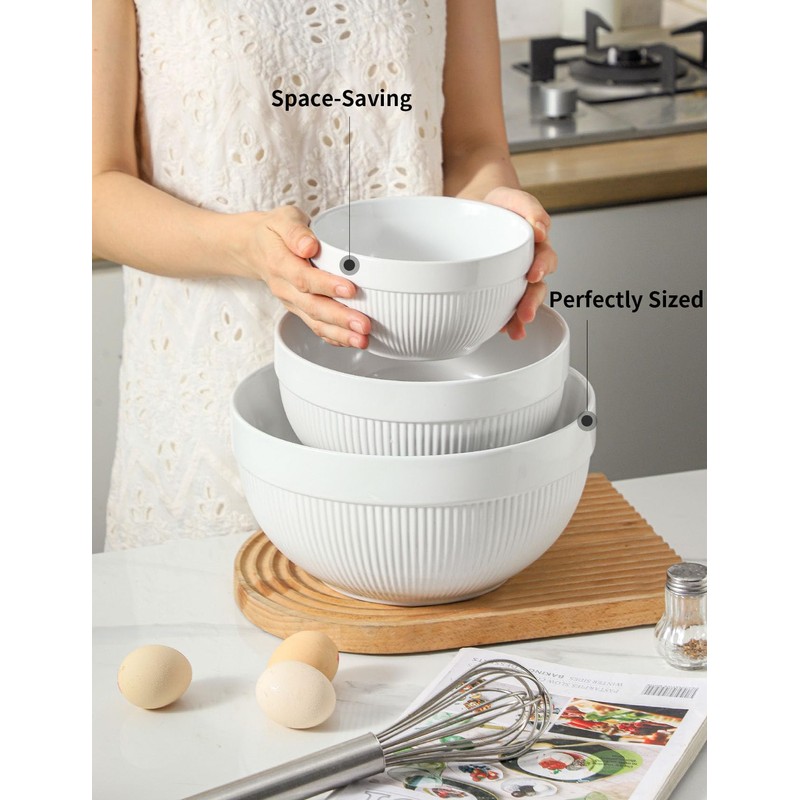 Large Ceramic Mixing Bowls, White Kitchen Bowls (1QT/2.3QT/4.6QT), Set of