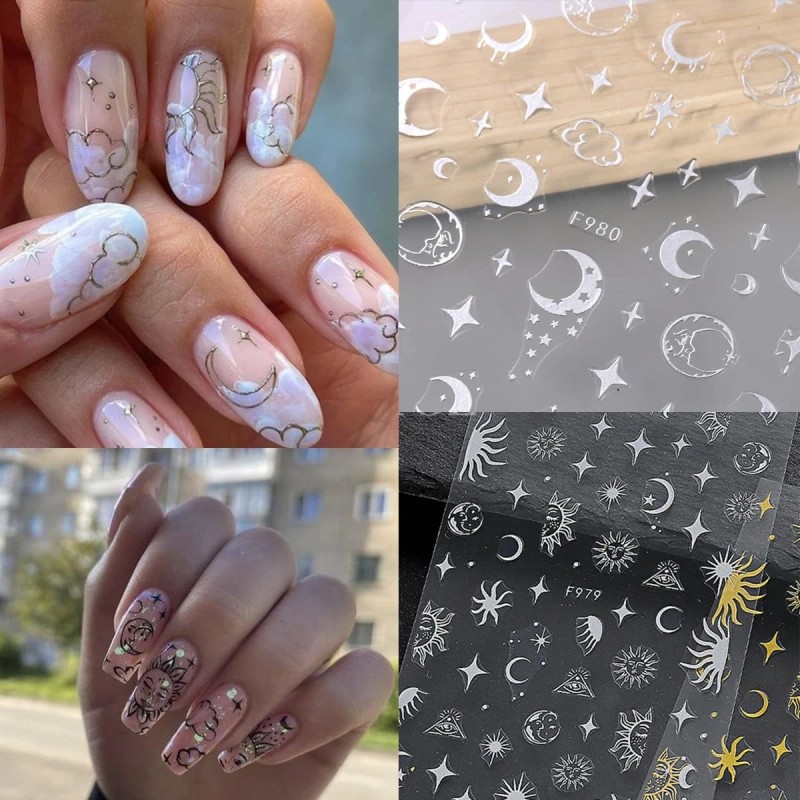 OSTTMA 8 Sheets Metallic Nail Art Stickers Decals Silver Moon