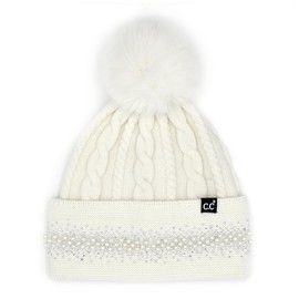 C.C Pearl Rhinestone Embellishment Beanie with Fur Pom for Women - Wool Stretchable Soft Warm with Faux Fur Pom Knit Winter Skully Hat
