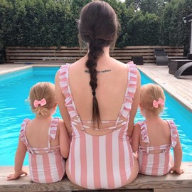 IFFEI Family Matching Swimsuits One Piece Strapless Striped Bathing Suits One Shoulder Hollow Out Mommy and Me Swimwear Pink Women: XL