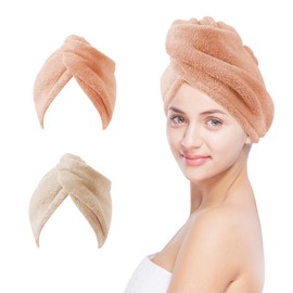 VLM 2 Packs Microfiber Hair Towel,Hair Towel Wrap for Women with Good Absorbent and Quick Dry,Hair Towel for Long,Curly and Thick Hair Types(Off White and Pink)