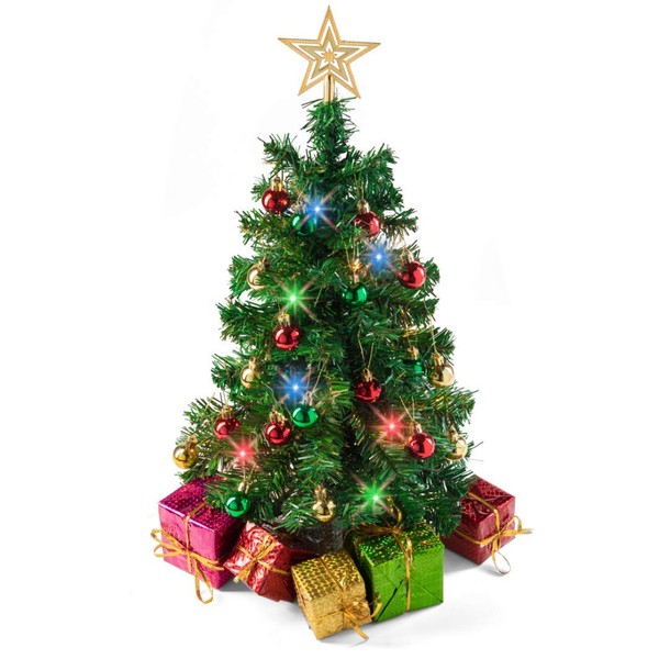 PREXTEX Arbre de Noël Miniature de 58 cm à Monter et à Poser sur Une Table, décoré de Paquets-Cadeaux, de Boules et d’Une étoile pour Le Sommet.