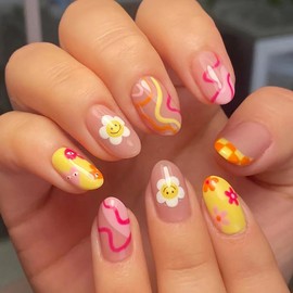 Short Oval Press on Nails Yellow Round Fake Nails Acrylic Nails with Multicolor Rippled Curved French Tips Flower Smiley Face Designs Nude False Nails Glue Stick on Nails for Women Girls 24 Pcs