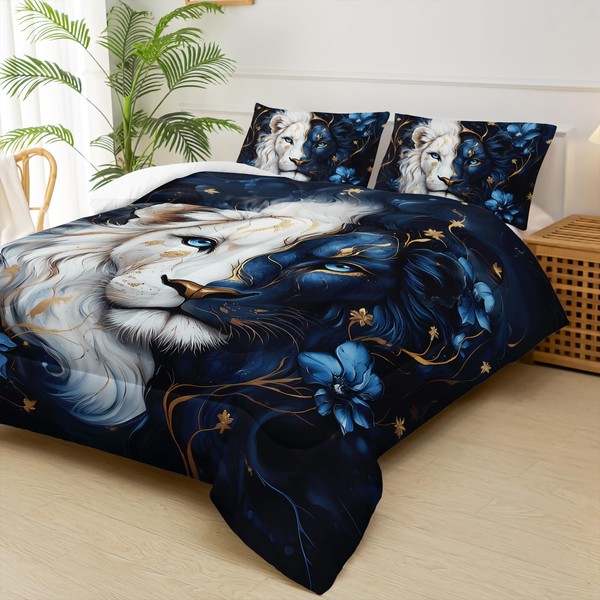 lneffble Black and Gold Flower Lion Comforter Set Queen Size，Animal