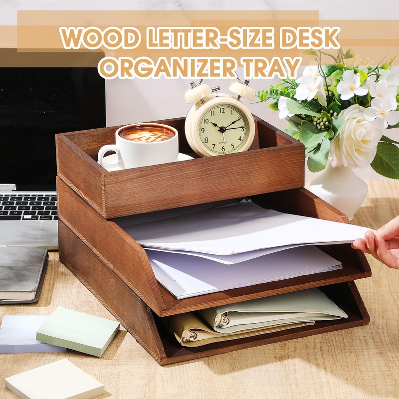 Beeveer 3 Pcs Wooden Letter Tray Wood Letter-Size Desk Organizer