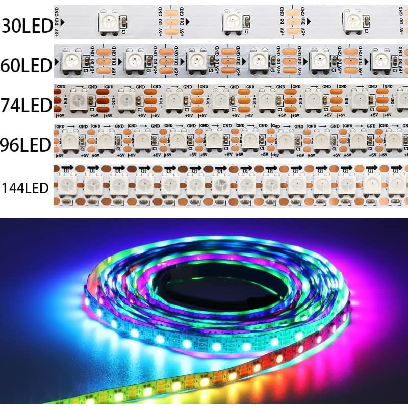 DC5V WS2812 WS2812B LED Strip Black White PCB 30/60/74/96/144LEDS/M RGB