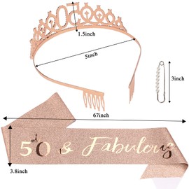 Oblihumoy 50 and Fabulous Sash & Rhinestone Tiara Set, 50th Birthday Tiara Birthday Sash for Women Rose Gold Birthday Party Supplies