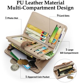 YERUUE Women's PU Leather Purse Large Capacity Medium Purse Women 10 Card Slots Wallet with Zip Coin Compartment, brown, Retro