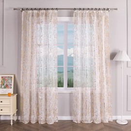 Delien Curtains with Ruffle Tape, Modern Curtain Scarves, Living Room, Transparent Window Curtains, Laudhaus Curtain with Branches Pattern, Decorative Curtains, Panel Curtains, Pack of 1, Gold, W x H