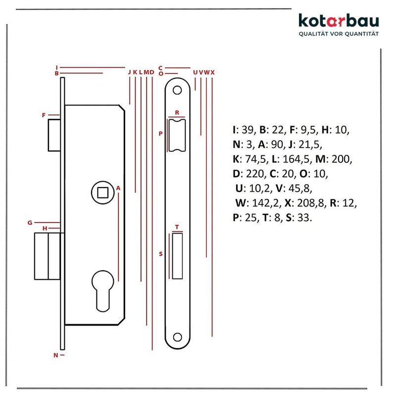 KOTARBAU Mortise Lock PZ 90/22 with Lock Case Counter Plate