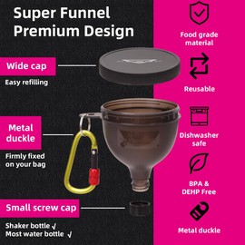 SPEQT Protein Powder Funnel Set - Protein Powder Travel Container to Go with Carabiners & Cleaning Brush - No-Mess,Water Bottle Funnel for Powder Supplement for Pre Workout,Gym,Fitness - 4 Pack