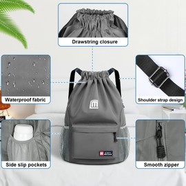 Tesmien Drawstring Bags,Waterproof Swimming Bags Unisex Sports Backpacks for Kids Adult, Large Drawstring Sackpacks Bags for School Gym Sports Travel Swimming-Grey
