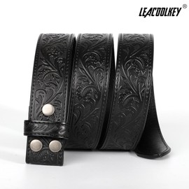 LEACOOLKEY Western Belt Strap for Men without Buckle 1.5" Wide Floral Engraved Embossed Leather Belt Strap,Black,Fit Size 42"-46"