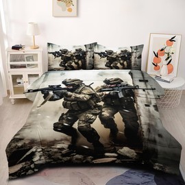 CCoutueChen Army Green Full Size Bedding Comforter Sets American Soldier Comforter Boys Under Mission Comforter Set Army Rifle Machine Gun Bedding Sets 3Pcs for Bedroom Decor