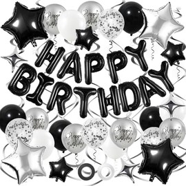 Decoraciones de cumpleaños negras y plateadas, pancarta de globos de feliz cumpleaños de aluminio 3D con globos de estrella, globo de confeti, remolinos colgantes, para niños, niñas, hombres y