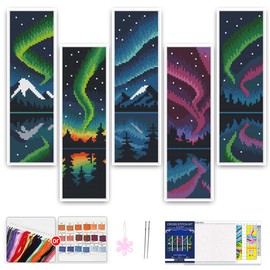 Kit de 5 marcadores de punto de cruz para adultos principiantes Aurora Borealis DIY Kit de punto de cruz para adultos con estampado, kit de bordado de 14 quilates con instrucciones (idioma español no
