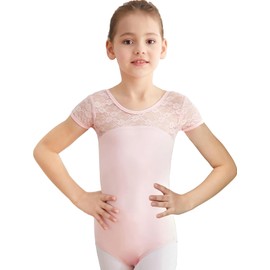 MdnMd Maillot de encaje para niñas de ballet con cuello de ballet y detalle de lazo en la espalda, Rosa ballet, 6 - 8 años