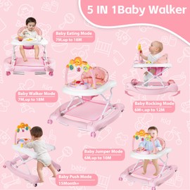 RefoereBabe Baby Walker with Wheels, 5 in 1 Baby Walkers for Boys Girls 6-12 Months, Foldable Walker Baby with Bouncer & Feeding Tray, Music, Adjustable Heights