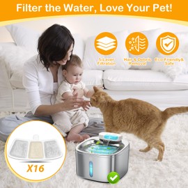 16 Pack Replacement Filters for Oneisall PW04 3.5L Wireless Cat Water Fountain, Includes 16 Filters & 16 Sponges