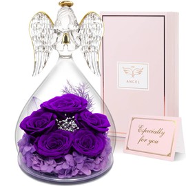 Yamonic Birthday Gifts for Mom Grandma,Glass Angel Figurine with Five Real Roses Gifts, Preserved Flowers Rose Gifts for Women, Her, Mother, for mom, Christmas Valentine Day Gifts