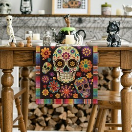 Artoid Mode Flowers Sugar Skull Mexican Day of The Dead Table Runner, Dia De Los Muertos Kitchen Dining Table Decoration for Home Party Decor 13x48 Inch