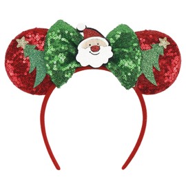 Christmas Mouse Ears Headband Sequins Bow Hair Bands Glitter Santa Claus Hair Accessories for Women Girls Christmas Party Decorations Cosplay Accessories Red Green