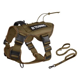 Petmolico Tactical Dog Harness with Leash, No Pull Dog Harness with Hook and Loop Panels for Hiking Training Military Service Dog Harness with Patches for Medium Dogs, Brown M