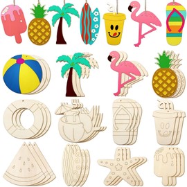 Yohuork 36pcs Summer Decorations, Set Beach Theme Wooden Cutouts for DIY Crafts, Tropical Decorations Ornaments with String Wood Slices Tag Decoupage for Hawaiian Luau Beach Party Supplies