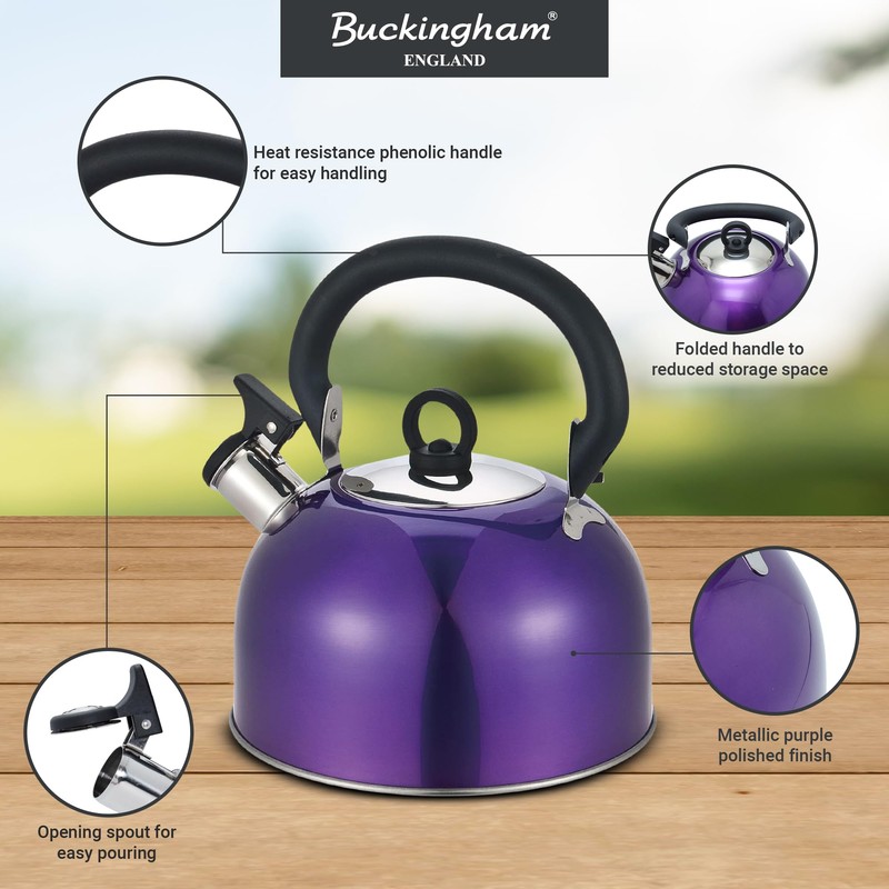 Buckingham Stainless Steel Whistling Kettle Metallic Purple with Cool Touch