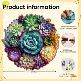 Wooden Jigsaw Puzzle for Adults and Kids Unique Shape Wood Colorful Beautiful Box Fun Challenge Brain Health Family Game Creative Gift for Friends Rompecabezas Madera(Mandala Succulent 500pcs)