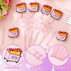 Potchen 12 Pcs Dumpster Fire Reusable Plastic Straws Gifts Glitter Spiral Drinking Straws Bulk for Employee Appreciation Gifts Staff Teacher Office Coworker Office Supplies(Pink)