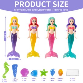 YONEEKSS 18PCS Mermaid Pool Toys Set Including 4 Mermaids and 14 Shells (Random Colours), Swimming Bath Diving Toys for Kids with Storage Box
