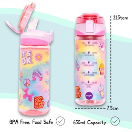 Fringoo - 650ml Kids Water Bottle - Carry Handle 100% Leakproof & BPA Free Tritan Silicon Straw - Secure Flip Lock Lid, Pink Tie Dye Design