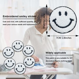 Tizikcon 8pcs White Smile Face Patch Iron On Repair Patches, Happy Face Sewing Appliques Clothing Badges for Clothes, Dress, Hat, Jeans, DIY Decorations（2.8inch）