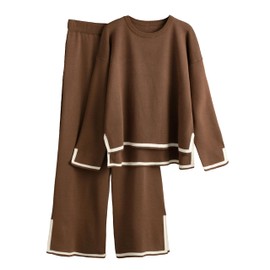 Tanming Women's 2 Piece Outfits Long Sleeve Knit Sweater Top Wide Leg Pants Lounge Sets Tracksuits (Brown-S)