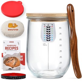 1 L (34 oz) Sourdough Starter Jar Kit, Wide Mouth Potbelly Crock - Glass Sour Dough Starter Bread Jar Set - Sourdough Baking Supplies - Sour Dough Bread Accessories Gifts for Sourdough Lovers
