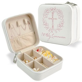 Holy Communion Travel Jewelry Box, First Communion Gifts Jewelry Case for Women, Religious 1st Holy Communion Baptism Gift Small Square Container with Zipper for Rings Earrings Necklaces, White (1)