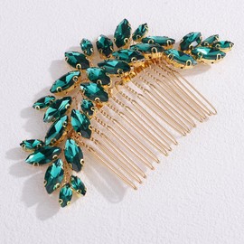 Octwine Bride Wedding Silver Green Red Rhinestone Crystal Hair Comb Wedding Party Prom Hair Headpiece Bridal Wedding Hair Accessories for Women (Gold Peacock green)