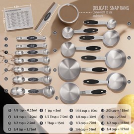 Measuring Cups 17-Piece Stainless Steel Measuring Set, Measuring Cups and Spoons with Leveler, Magnetic Conversion Chart, Black