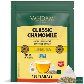 VAHDAM, Kamillen Kräutertee beutel (100 Teebeutel) | 100% natürliche Zutaten | Kamillentee | CAFFEINE GRATIS | Nachtgetränk | Beruhigende & Besänftigende Wirkung | Kräutertee mit Blumengeschmack