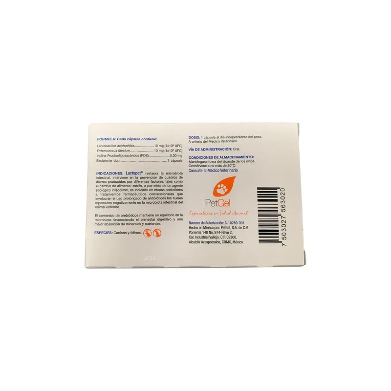 Lactopet Oral 20 Cápsulas Lactobacilos Probióticos Y Prebió