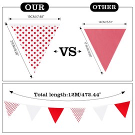 G2PLUS Red and White Dots Fabric Banner, 12M Dots Fabric Buntingr, Large Cotton Triangle Garland with 42PCS Dots Blank Pennants for Wedding Birthday,Kid's Bedroom, Playhouse, Garden,Decoration