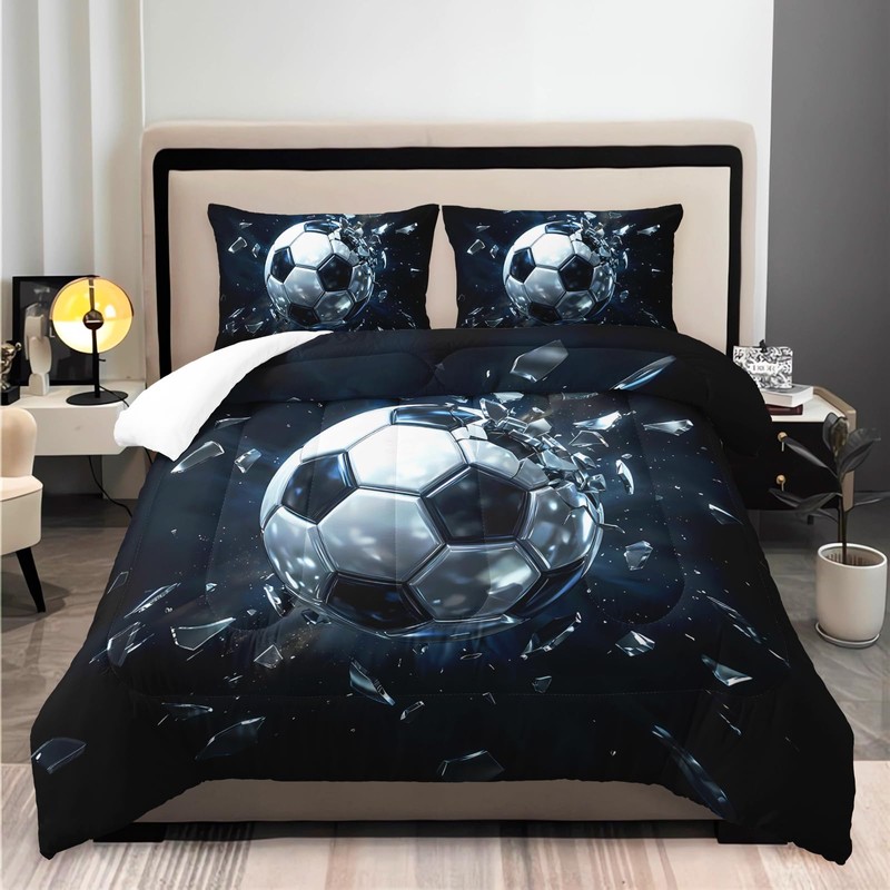 Black White Soccer Comforter 3Pcs Full Size Broken Ball Bedding