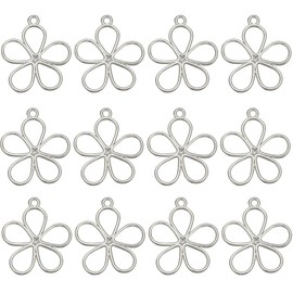 SUNNYCLUE 1 Box 50Pcs Hollow Flower Charms Silver Floral Charms Alloy Vintage Mini Spring Blossom Open Frame Back Bezel UV Resin Charm Bulks for Jewelry Making Charms Women DIY Bracelets Craft, No Gemstone