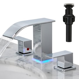 LED Bathroom Faucet 3 Hole, Chrome Waterfall Bathroom Faucets, 8 Inch Widespread Modern Bathroom Sink Faucet & Parts, Wide Spread Touch On Three Hole 2 Handle 3 Piece Bathroom Vanity Faucet