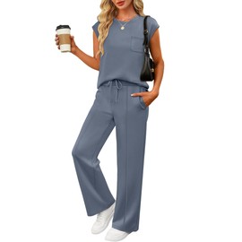ANRABESS Two Piece Sets for Women Summer Sleeveless Sweatsuits Wide Leg Casual Lounge Set Matching Vacation Travel Outfits Small