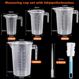 Realure 4 Pcs/4 Sizes Measuring Jugs Cups with Scale & Lid & Handle & Pipette/Brushes Set 100/250/500/1000 ml Mixing Cups Heat Resistant Transparent Plastic Cooking Measure Tool for Kitchen & Baking