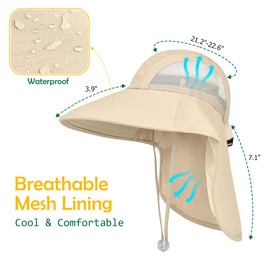 Kids Sun Hat UPF50+ Summer Beach Play Sun Protection Hats with Neck Flap for Ages 5~14 Girls Boys, Beige, One Size
