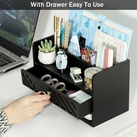 dreampossible Black Wood Desk Organizer and Accessories with Drawer, Bill Mail Organizer and File Mail Holder for Office Supplies, Desk Accessories & Workspace Organizers for Desk Organization