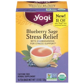 Yogi Teas (Groc), Stress Relief Blueberry Sage Caffeine Free Tea Bags, 16 Count